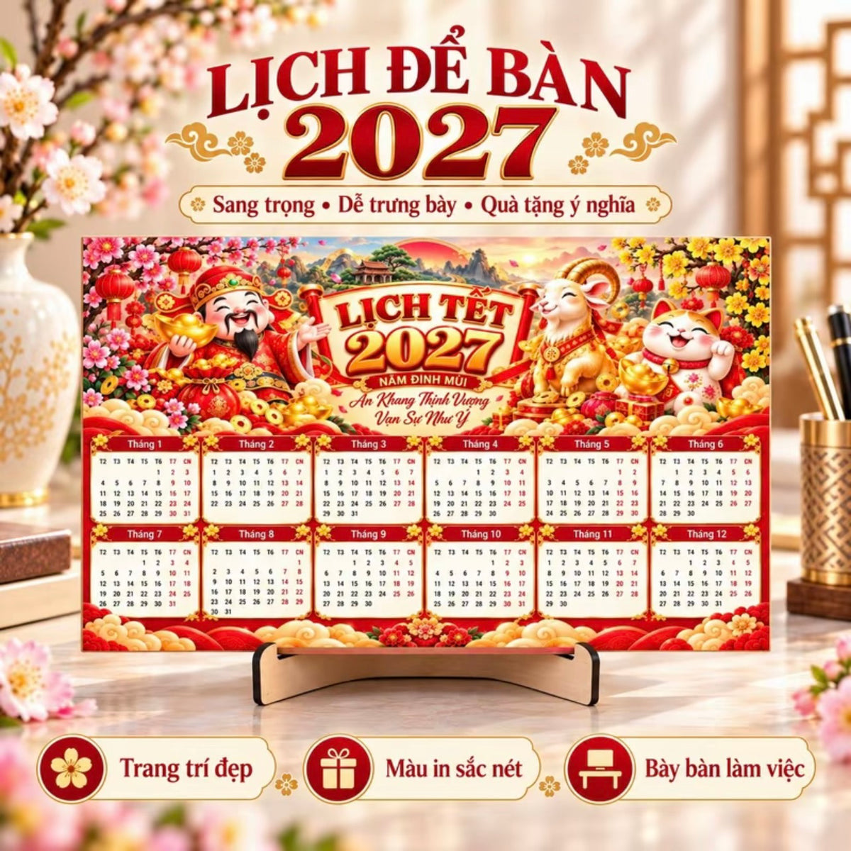 [Tặng Chân Đế] Lịch Để Bàn 2027 Đinh Mùi - Lịch Tết 12 Tháng Hình Dê Hoa Mai