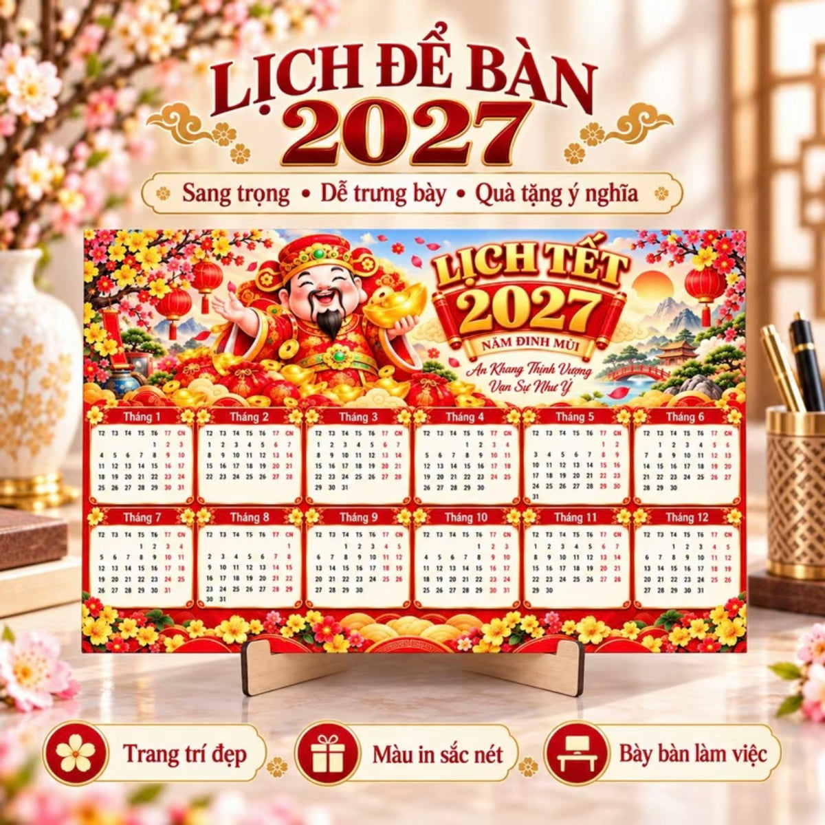 [Tặng Chân Đế] Lịch Để Bàn 2027 Đinh Mùi - Lịch Tết 12 Tháng Hình Dê Hoa Mai