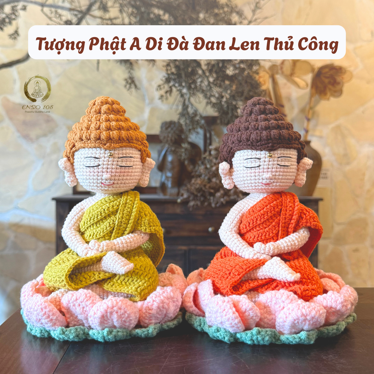 Tượng Phật A Di Đà Đan Len Thủ Công - Tặng Đài Sen + Hộp Mica