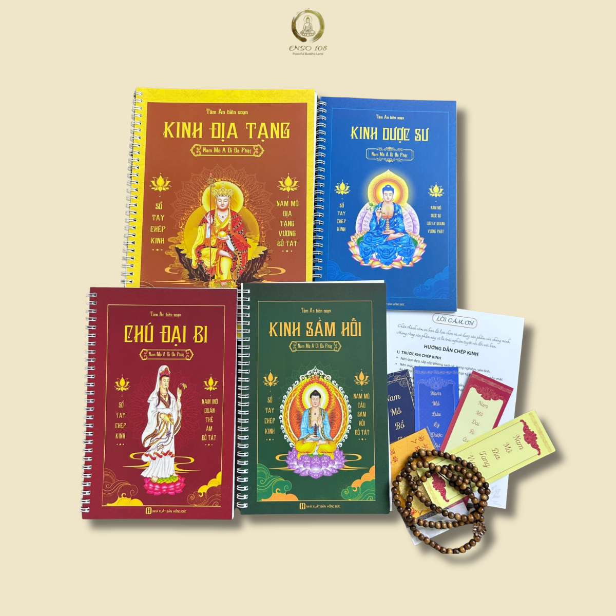 Combo 4 sổ tay chép kinh in mờ (Địa Tạng + Sám Hối + Chú Đại Bi + Dược Sư) Tặng vòng tay + lá bồ đề