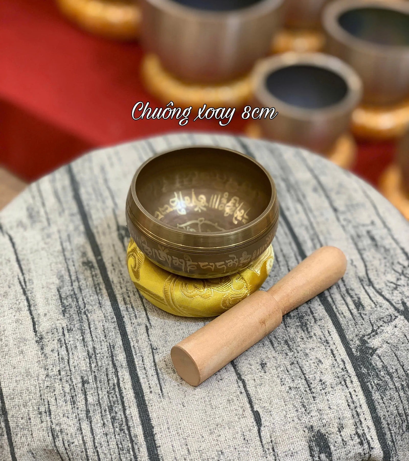 [8cm] Chuông Xoay Nepal - Tặng Kèm Đế Gỗ + Dùi Gỗ