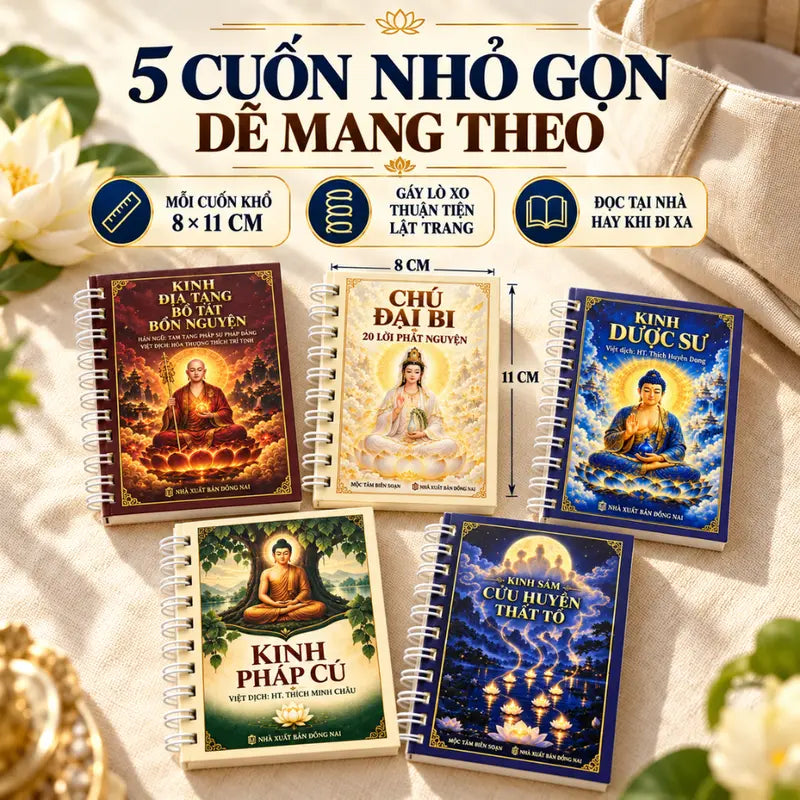 Kinh Mini – Chú Đại Bi, Địa Tạng, Dược Sư, Pháp Cú, Sám Cửu Huyền Thất Tổ - Kèm Bookmark, Gáy Lò Xo