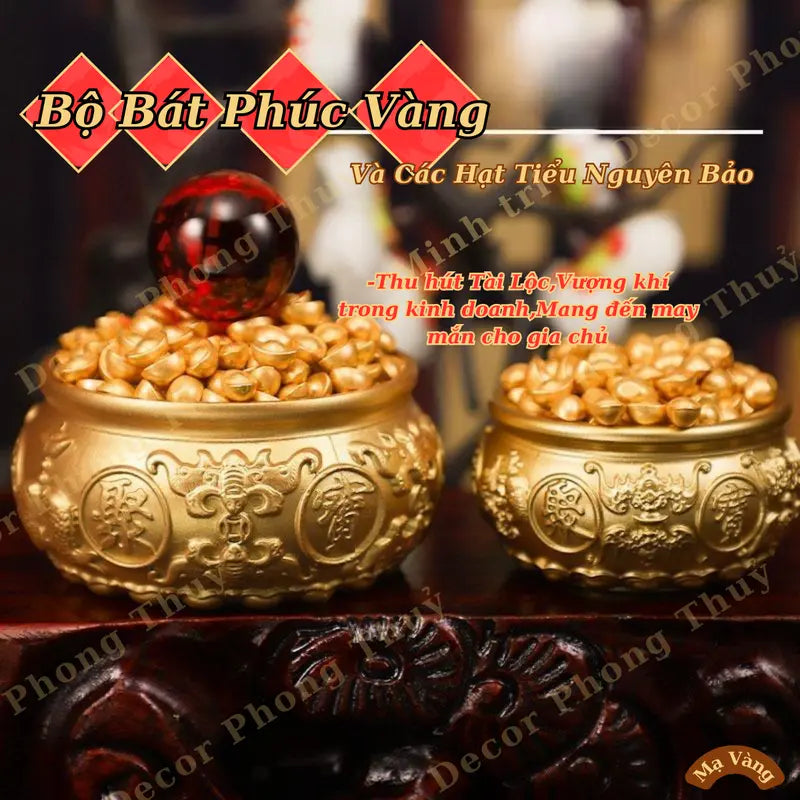 (Đã Khai Quang) Combo Bát Tụ Bảo + Các Hạt Kim Nguyên Bảo Bằng Đồng Mạ Vàng Chiêu Tài