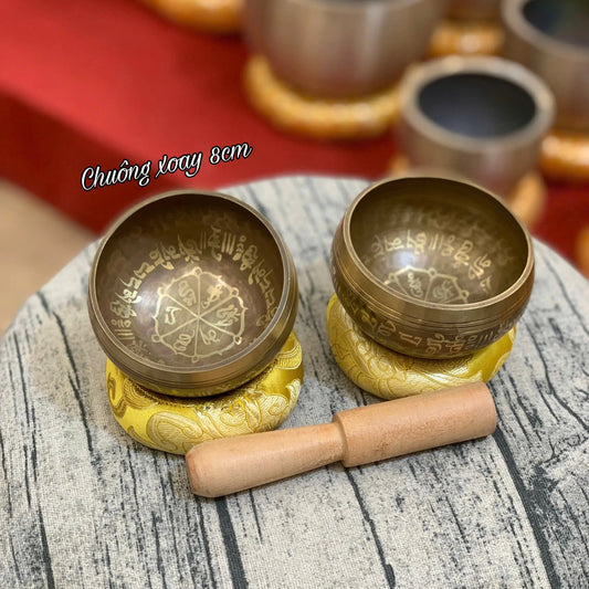 [8cm] Chuông Xoay Nepal - Tặng Kèm Đế Gỗ + Dùi Gỗ