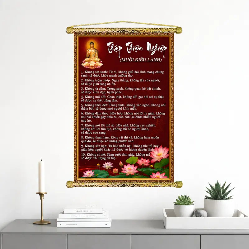 Tranh Treo Tường Thập Thiện Nghiệp Lời Dạy Bình An Của Đức Phật - Nẹp Gỗ