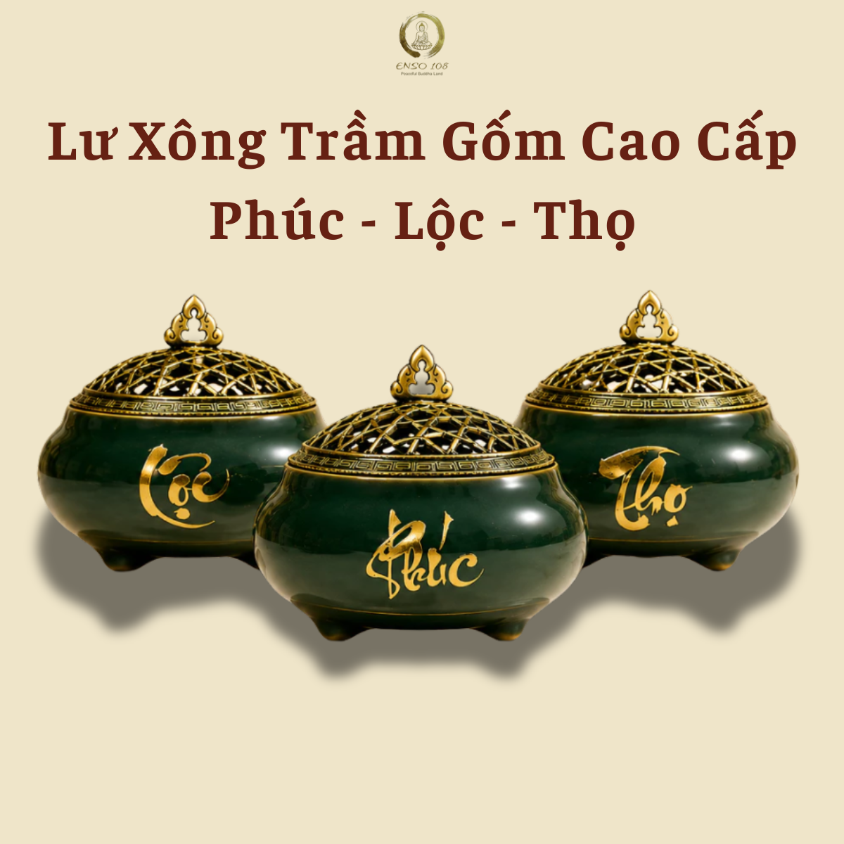 Lư Xông Trầm Gốm Cao Cấp Phúc Lộc Thọ