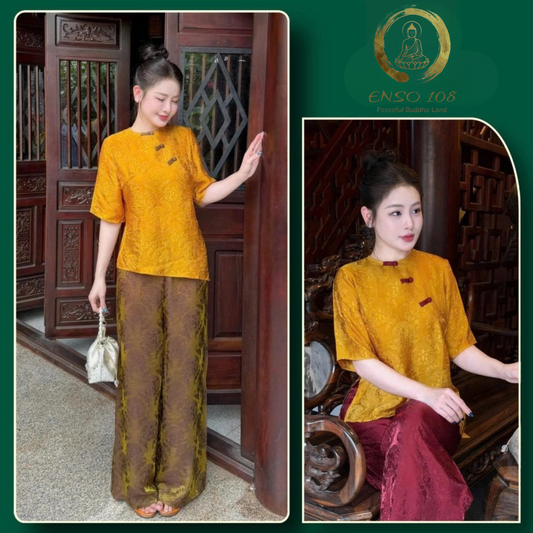 PP458 pháp phục lụa tằm ánh kim vạt chéo phối màu sang trọng tiểu thư