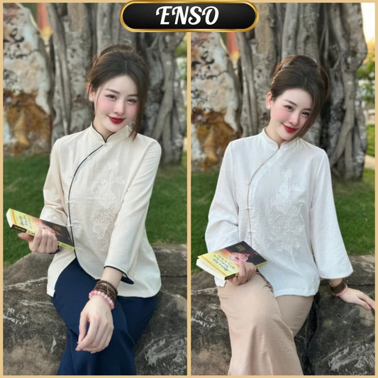 PP108 pháp phục nữ đồ lam đồ phật tử chất đũi nhật thêu sen cúc ngọc thoải mái thanh lịch