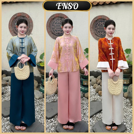 PP383 pháp phục nữ chất lụa tằm ánh kim phối tay gấm sang trọng và tiểu thư