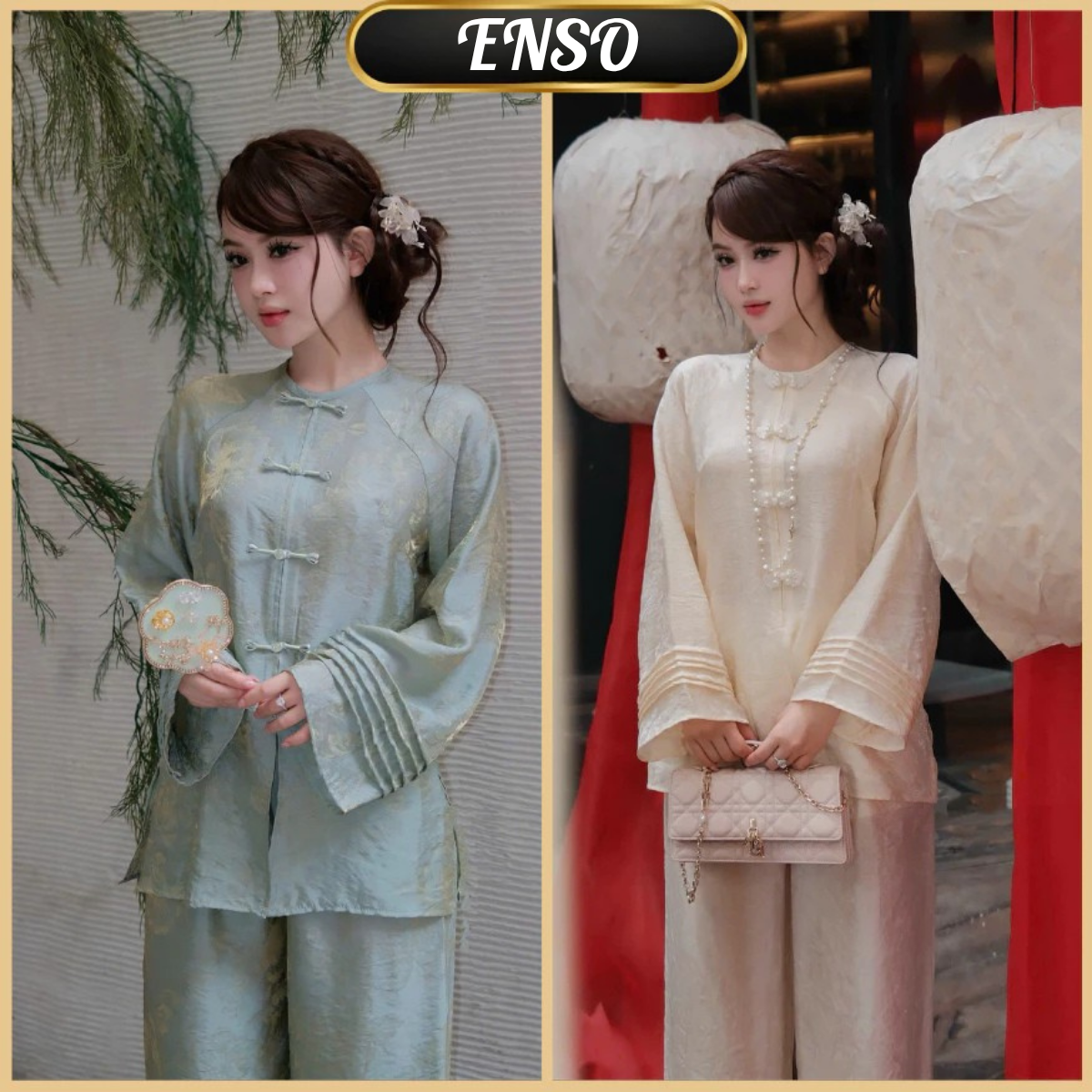 PP435 Set lụa lam phối tay xếp ly cúc ngọc thanh lịch và duyên dáng