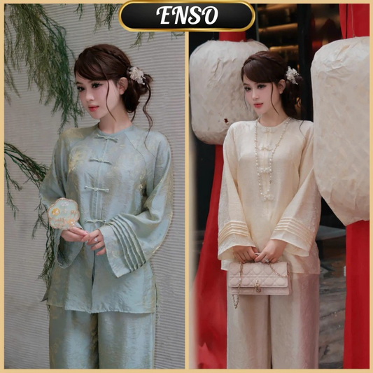PP435 Set lụa lam phối tay xếp ly cúc ngọc thanh lịch và duyên dáng
