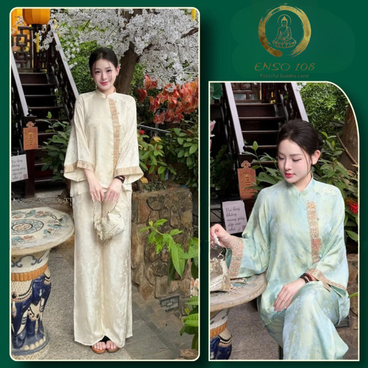 PP448 pháp phục nữ chất liệu tơ tằm hạ xuân hoa kết hợp viền ren thêu đính kết chỉ ngũ sắc kim sa