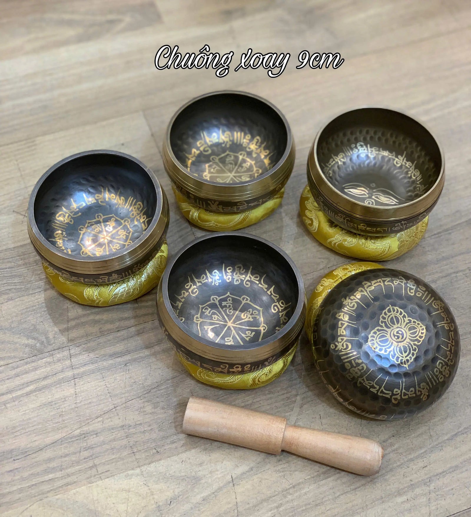 [9cm] Chuông Xoay Nepal - Tặng Kèm Đế Gỗ + Dùi Gỗ