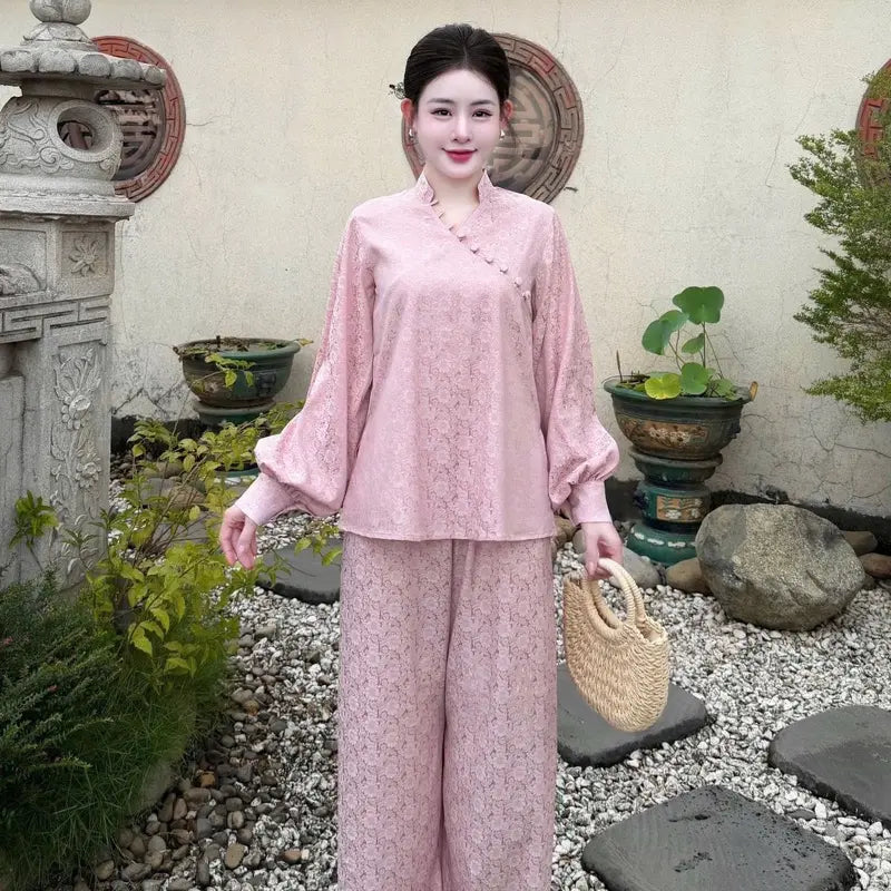 Tâm An pháp phục PP01 Bộ lam đi chùa tay bồng cúc bọc chéo họạ tiết hoa cúc chất liệu lụa gấm 2 da cao cấp không nhăn không bai màu