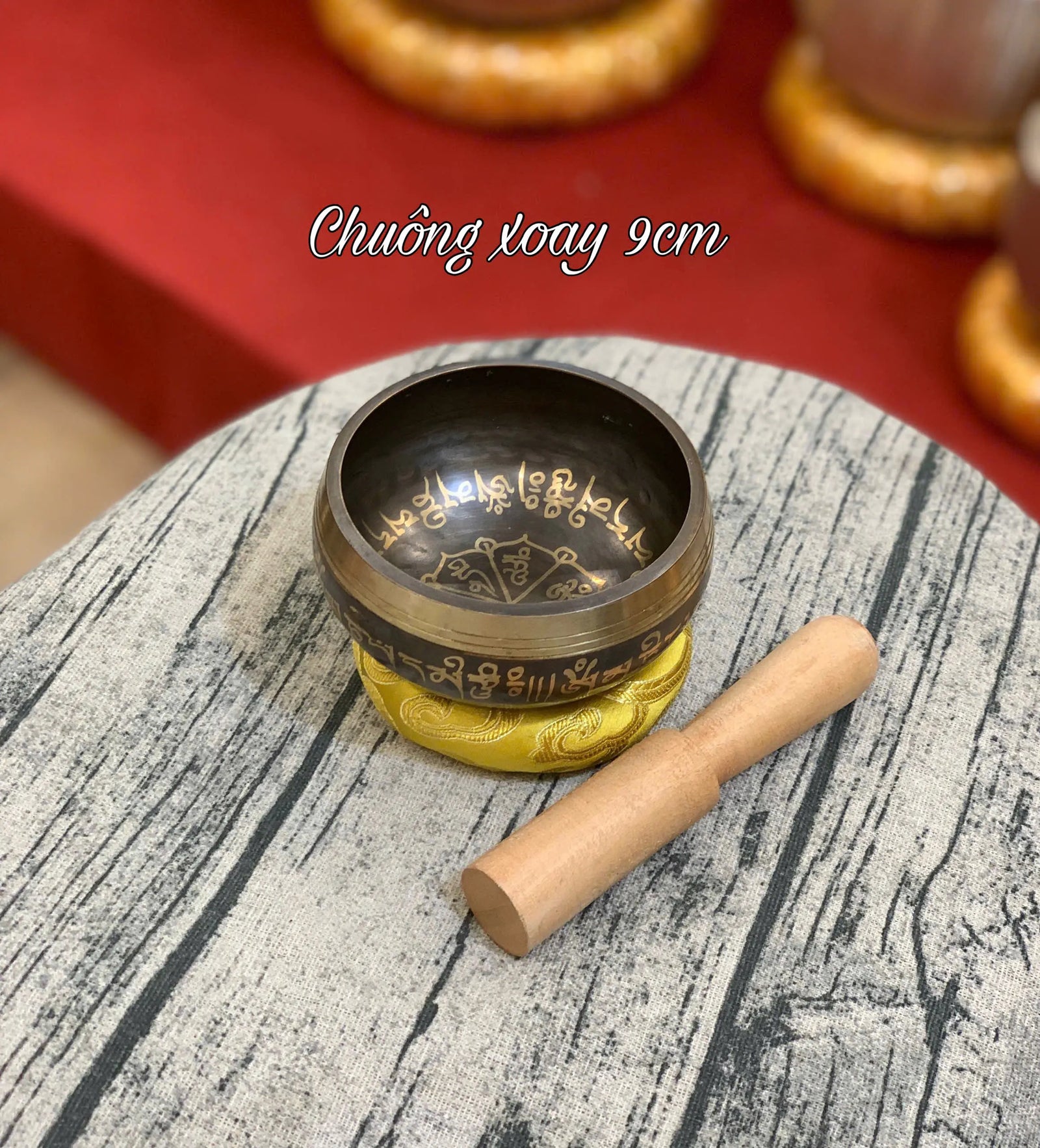 [9cm] Chuông Xoay Nepal - Tặng Kèm Đế Gỗ + Dùi Gỗ