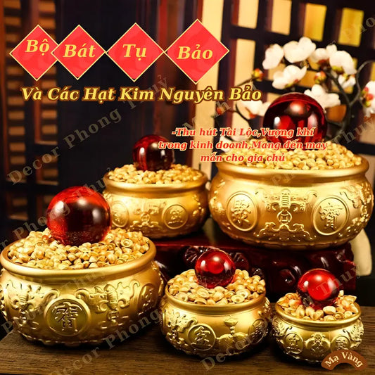 (Đã Khai Quang) Combo Bát Tụ Bảo + Các Hạt Kim Nguyên Bảo Bằng Đồng Mạ Vàng Chiêu Tài