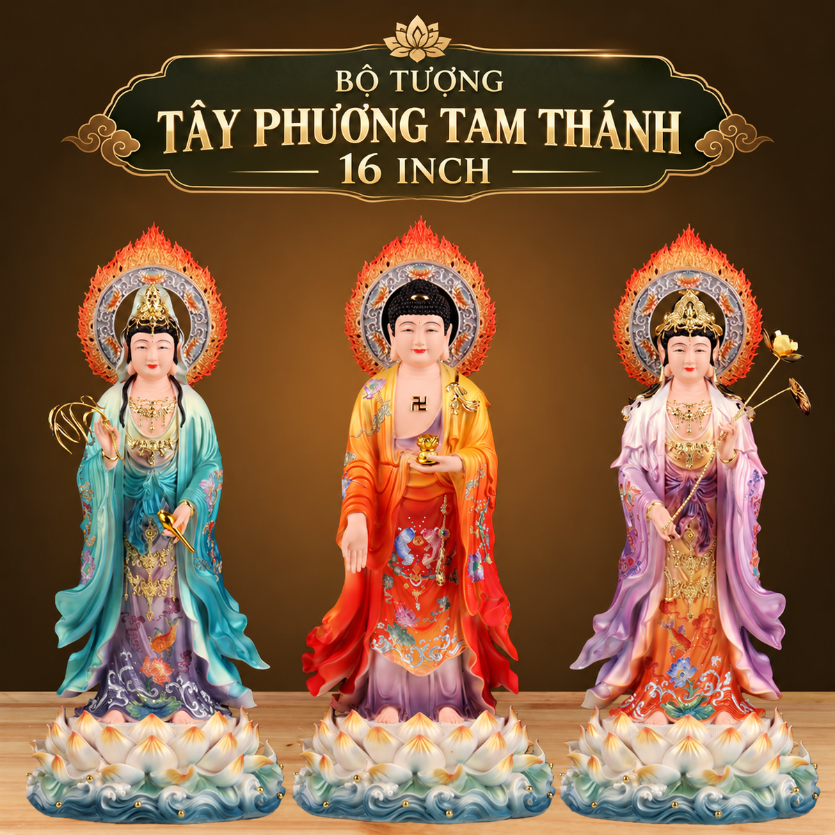Bộ Tượng Tây Phương Tam Thánh, Thích Ca, Địa Tạng, Đại Thế Chí Bồ Tát - 16 inch