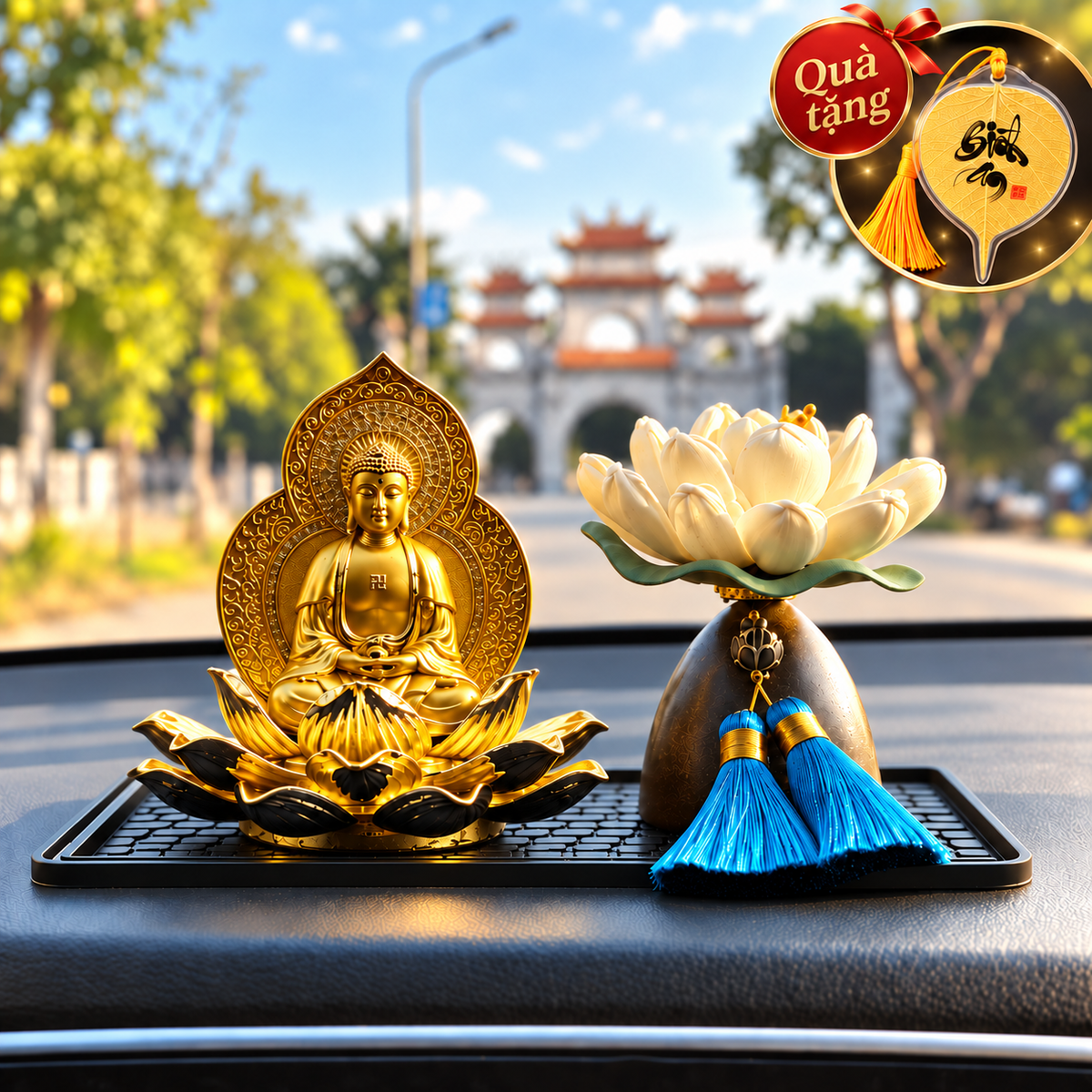 [Tặng Lá Bồ Đề Treo Xe] Tượng Phật Quan Âm, A Di Đà, Di Lặc Toạ Đài Sen 2 Mặt Để Taplo Xe Ô Tô Có Hộp