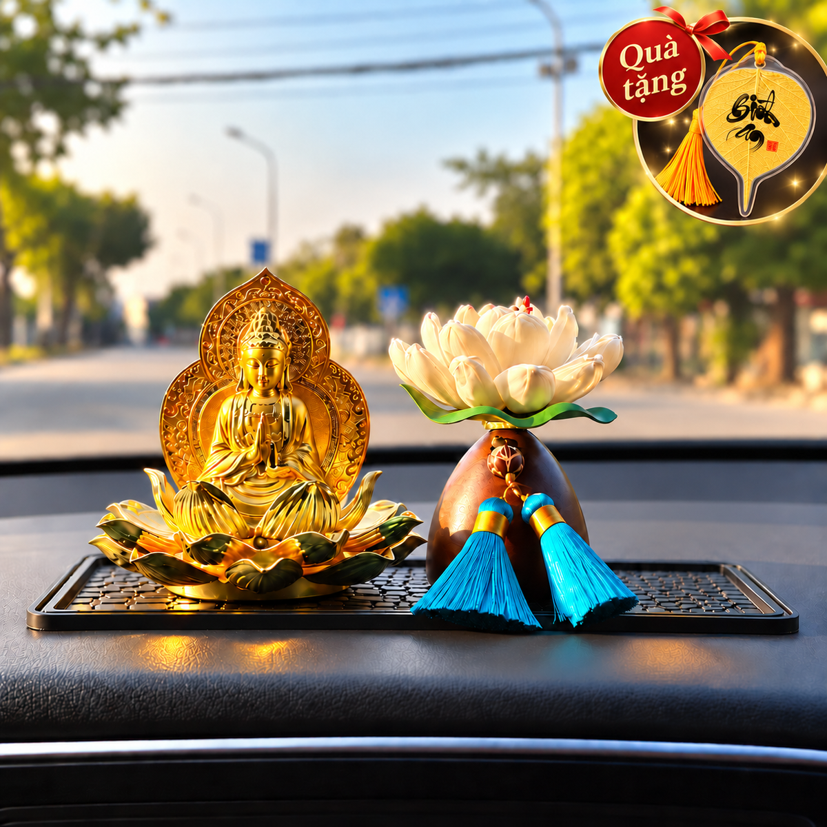 [Tặng Lá Bồ Đề Treo Xe] Tượng Phật Quan Âm, A Di Đà, Di Lặc Toạ Đài Sen 2 Mặt Để Taplo Xe Ô Tô Có Hộp