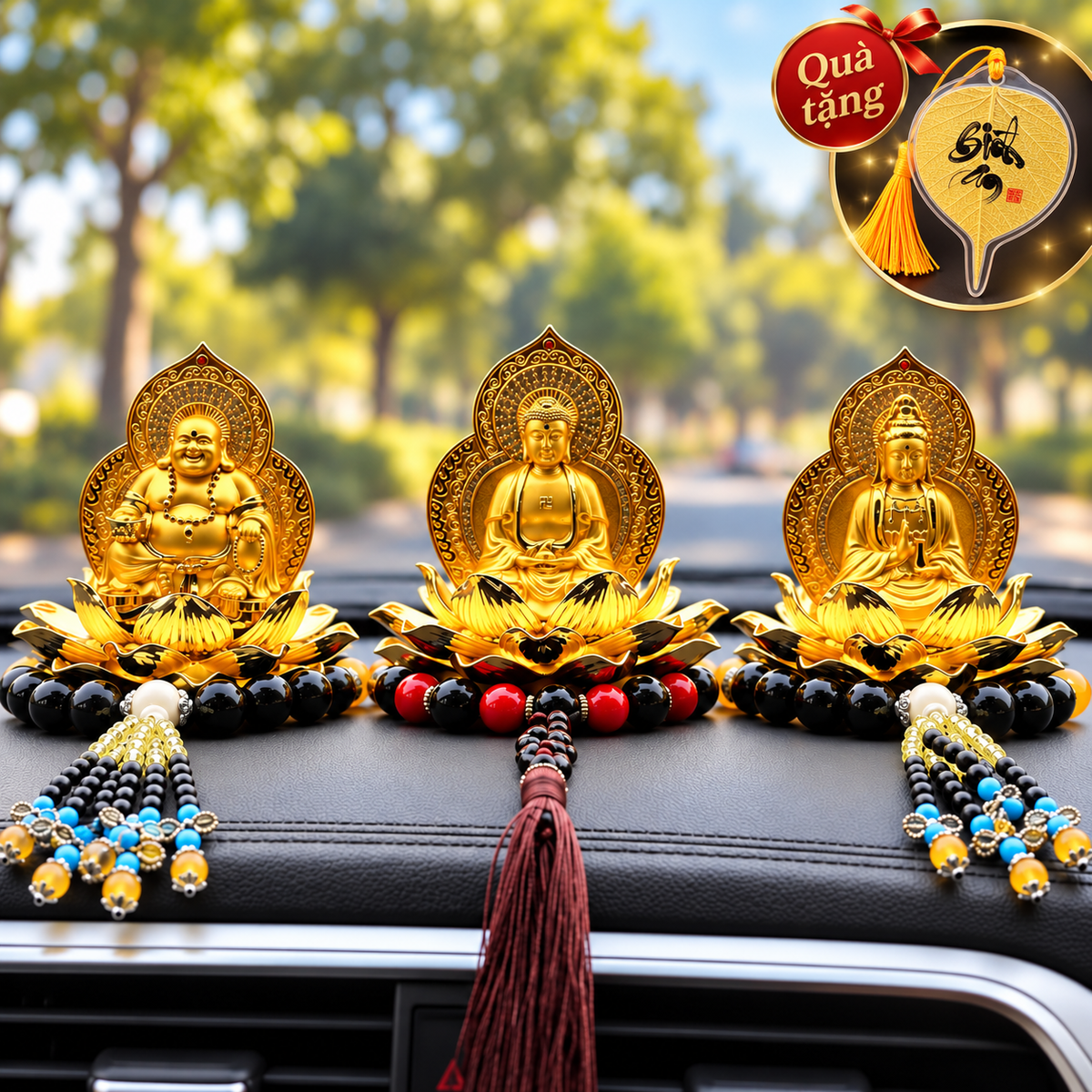 [Tặng Lá Bồ Đề Treo Xe] Tượng Phật Quan Âm, A Di Đà, Di Lặc Toạ Đài Sen 2 Mặt Để Taplo Xe Ô Tô Có Hộp