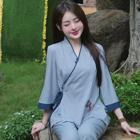 Set Pháp Phục Cổ Nhật Vải Lụa Mềm Thêu Chữ "Buông" - Đồ Lam Đi Chùa - B22