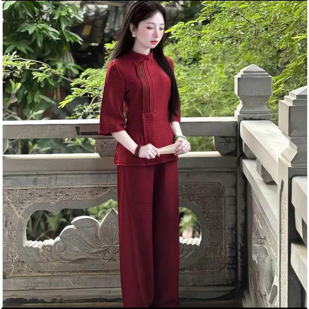 (Có Size Lớn) Set Bộ Đồ Lam Nữ Đi Lễ Đi Chùa Thiết Kế Vải Đũi Vân Mây