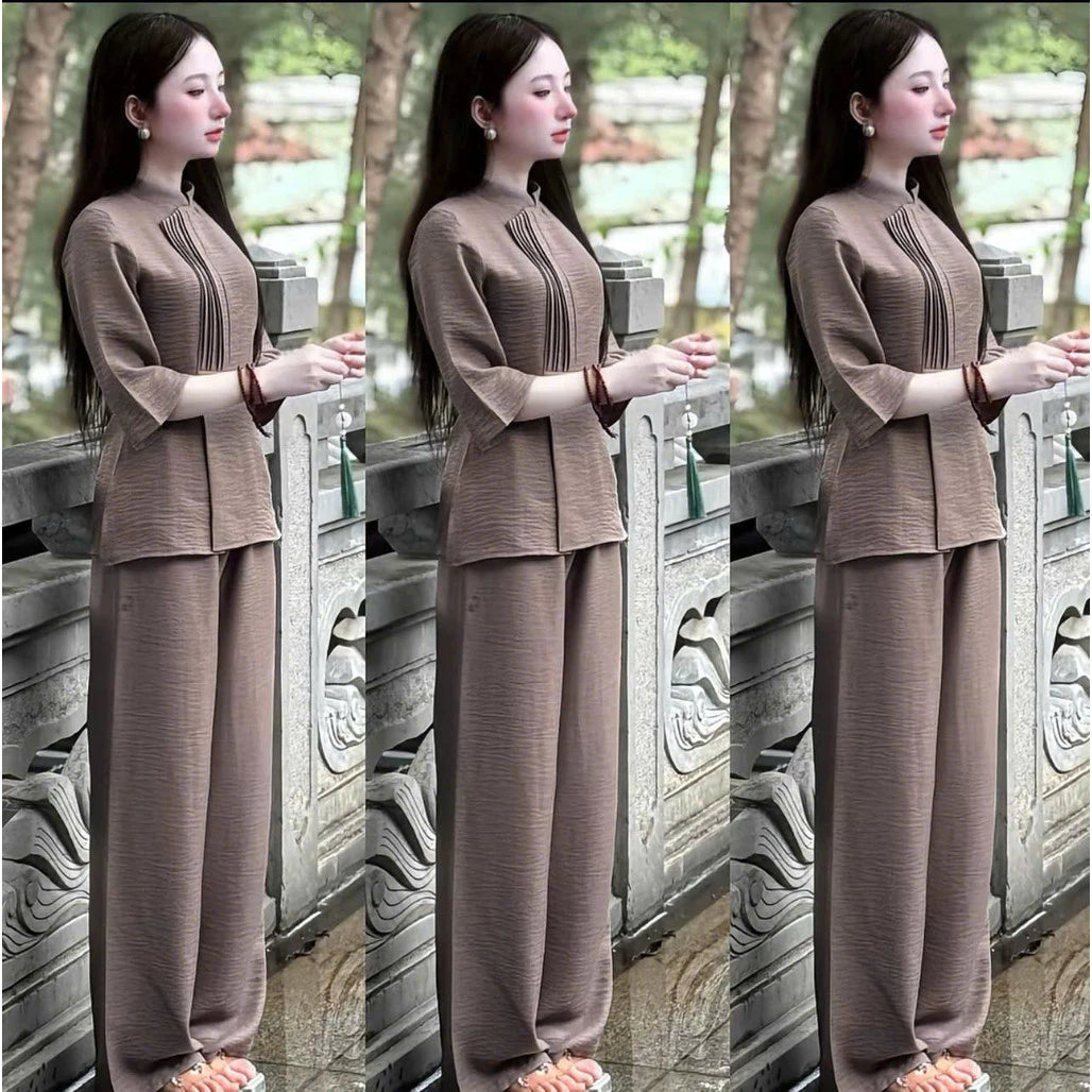 (Có Size Lớn) Set Bộ Đồ Lam Nữ Đi Lễ Đi Chùa Thiết Kế Vải Đũi Vân Mây