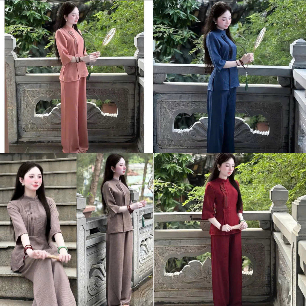 (Có Size Lớn) Set Bộ Đồ Lam Nữ Đi Lễ Đi Chùa Thiết Kế Vải Đũi Vân Mây