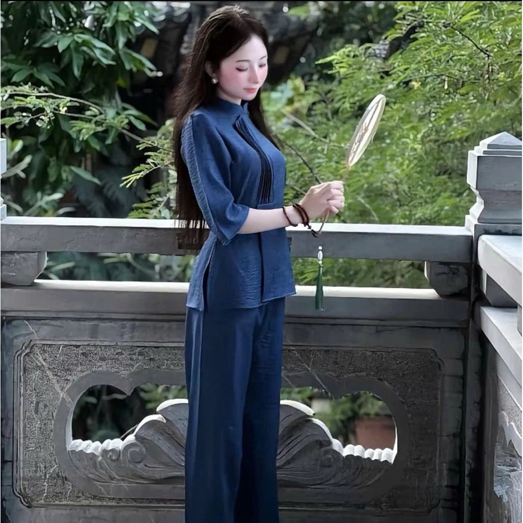 (Có Size Lớn) Set Bộ Đồ Lam Nữ Đi Lễ Đi Chùa Thiết Kế Vải Đũi Vân Mây