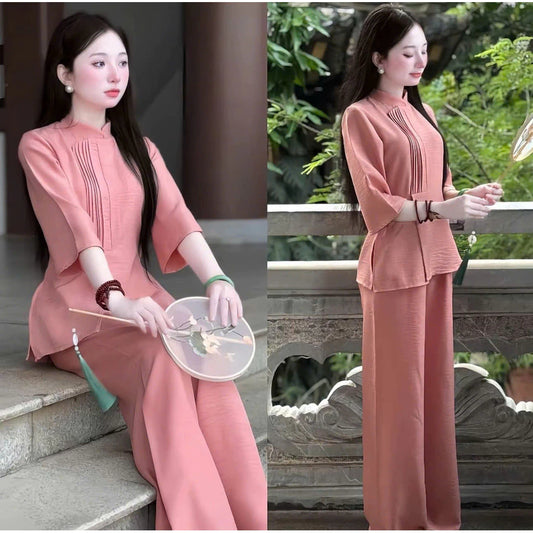 (Có Size Lớn) Set Bộ Đồ Lam Nữ Đi Lễ Đi Chùa Thiết Kế Vải Đũi Vân Mây