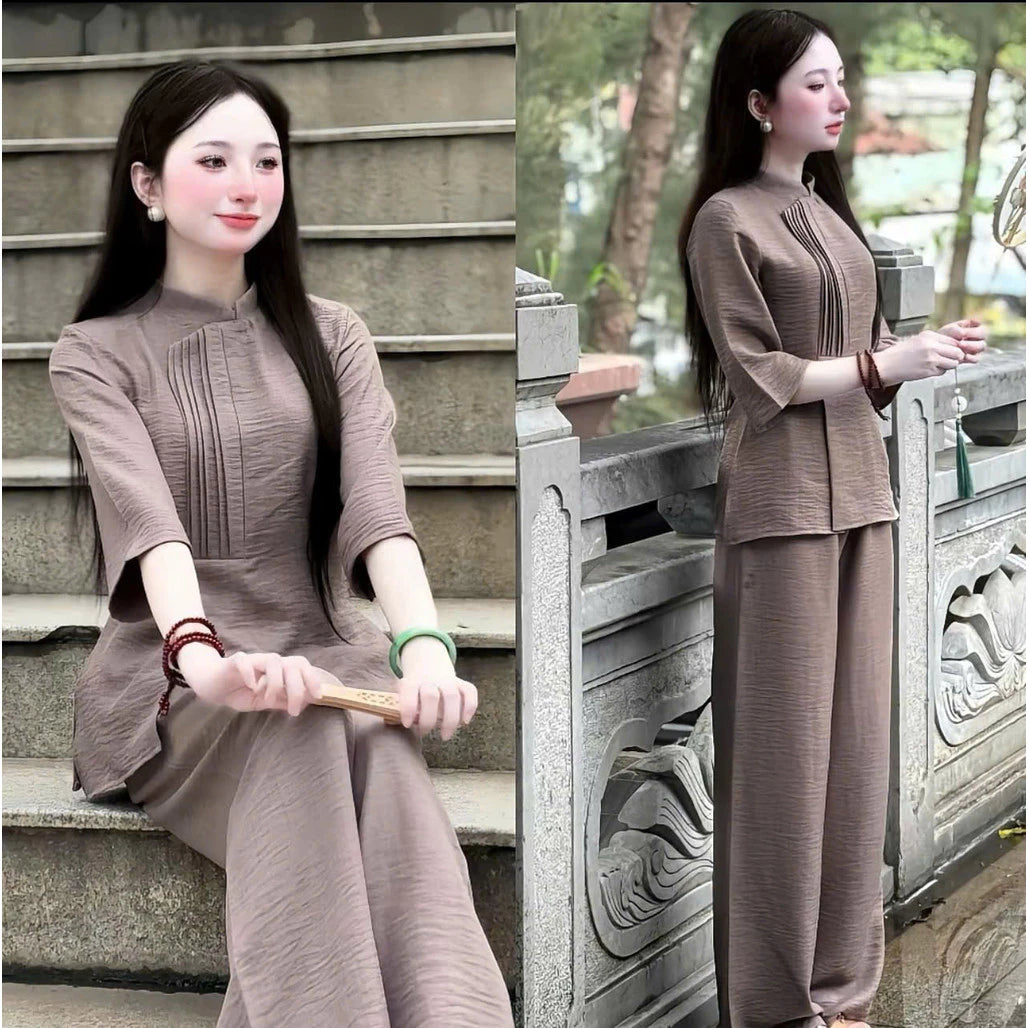 (Có Size Lớn) Set Bộ Đồ Lam Nữ Đi Lễ Đi Chùa Thiết Kế Vải Đũi Vân Mây