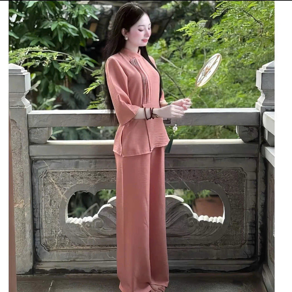 (Có Size Lớn) Set Bộ Đồ Lam Nữ Đi Lễ Đi Chùa Thiết Kế Vải Đũi Vân Mây