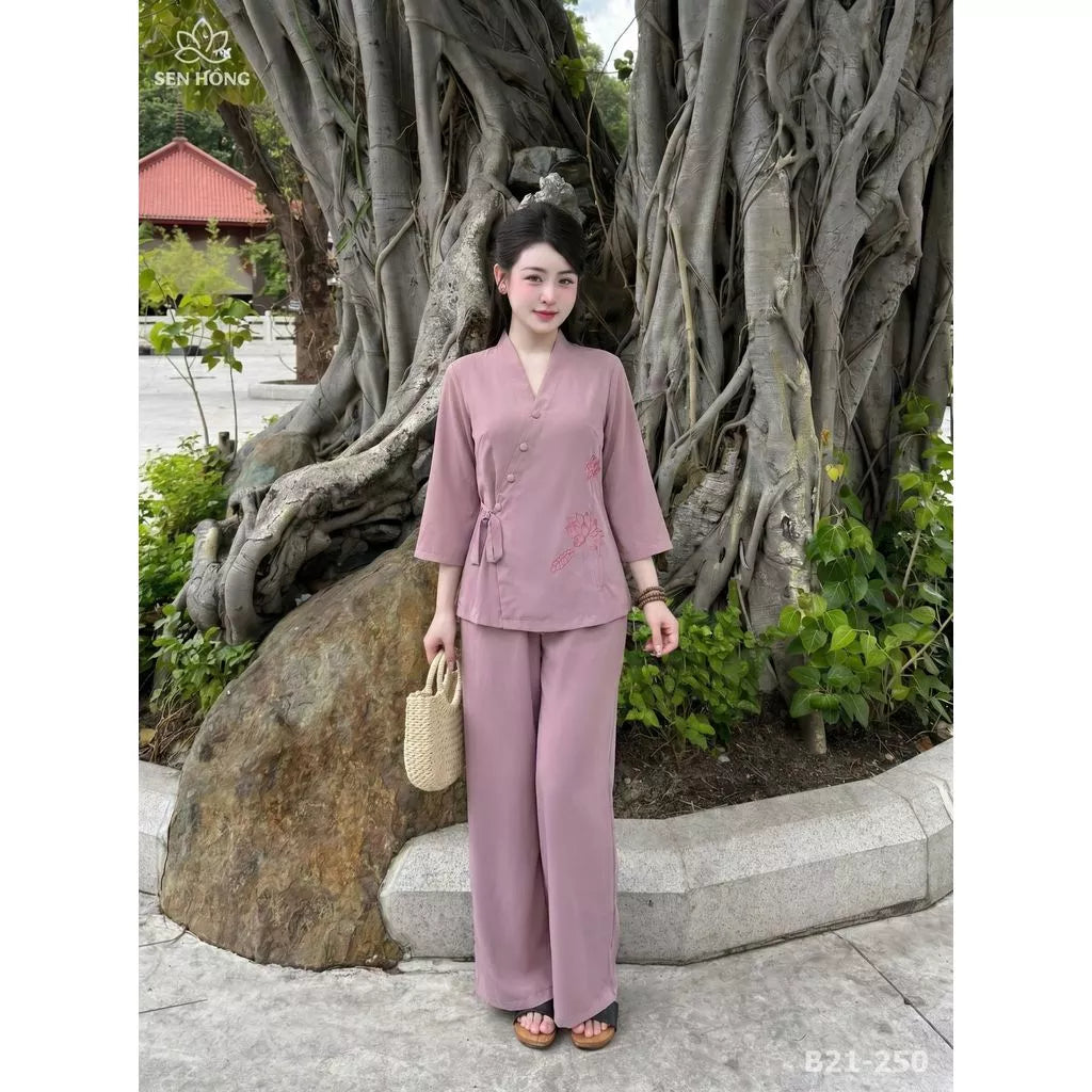 Bộ Pháp Phục Nữ Cổ Nhật Thêu Sen – Đồ Lam Đi Chùa Lụa Nhuyễn - B21