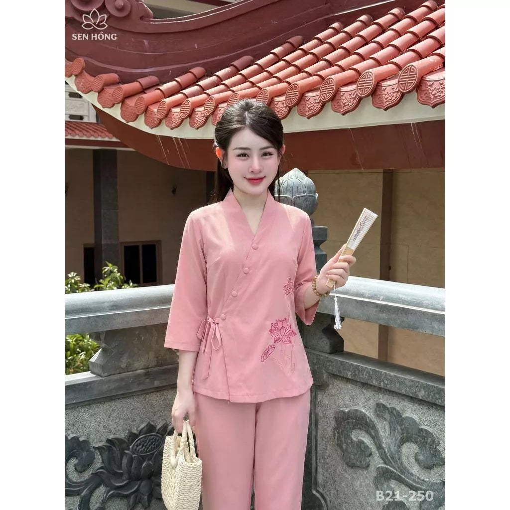 Bộ Pháp Phục Nữ Cổ Nhật Thêu Sen – Đồ Lam Đi Chùa Lụa Nhuyễn - B21