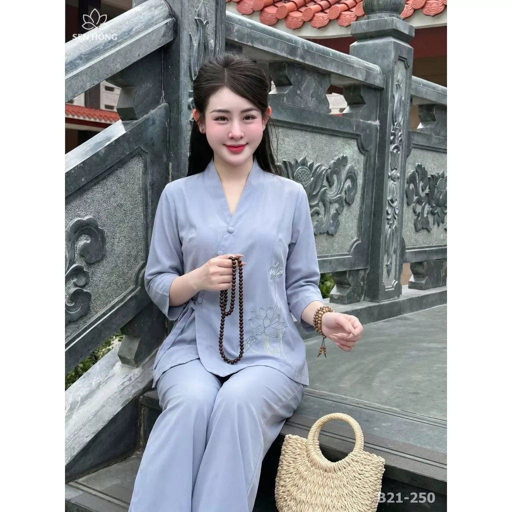 Bộ Pháp Phục Nữ Cổ Nhật Thêu Sen – Đồ Lam Đi Chùa Lụa Nhuyễn - B21