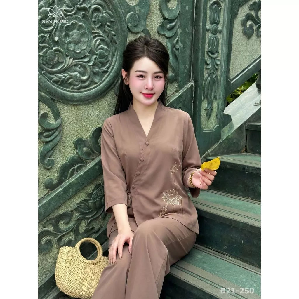 Bộ Pháp Phục Nữ Cổ Nhật Thêu Sen – Đồ Lam Đi Chùa Lụa Nhuyễn - B21