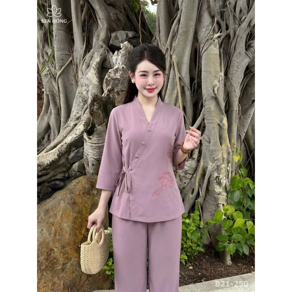 Bộ Pháp Phục Nữ Cổ Nhật Thêu Sen – Đồ Lam Đi Chùa Lụa Nhuyễn - B21