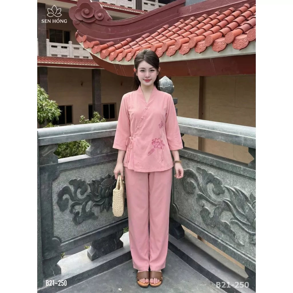 Bộ Pháp Phục Nữ Cổ Nhật Thêu Sen – Đồ Lam Đi Chùa Lụa Nhuyễn - B21