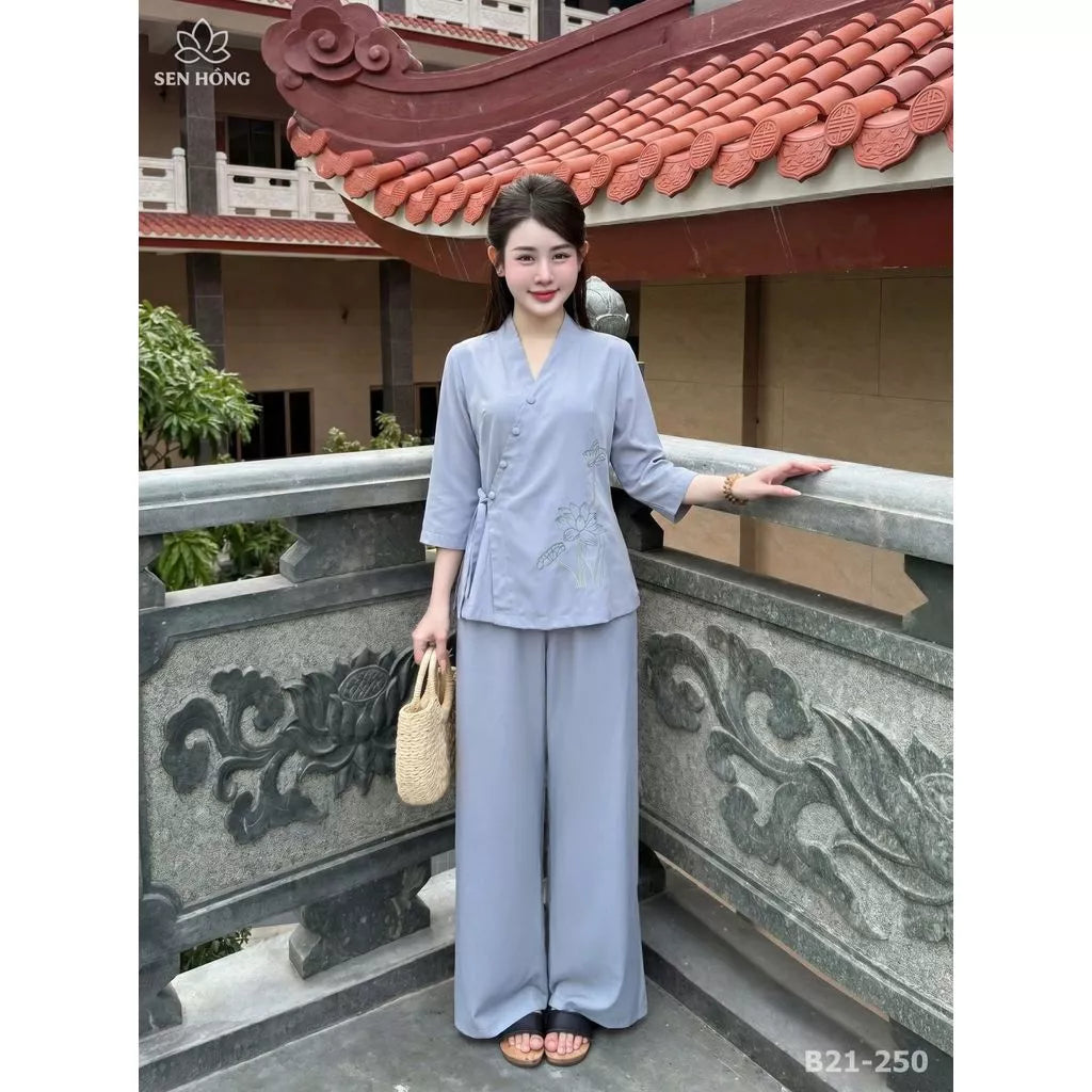 Bộ Pháp Phục Nữ Cổ Nhật Thêu Sen – Đồ Lam Đi Chùa Lụa Nhuyễn - B21