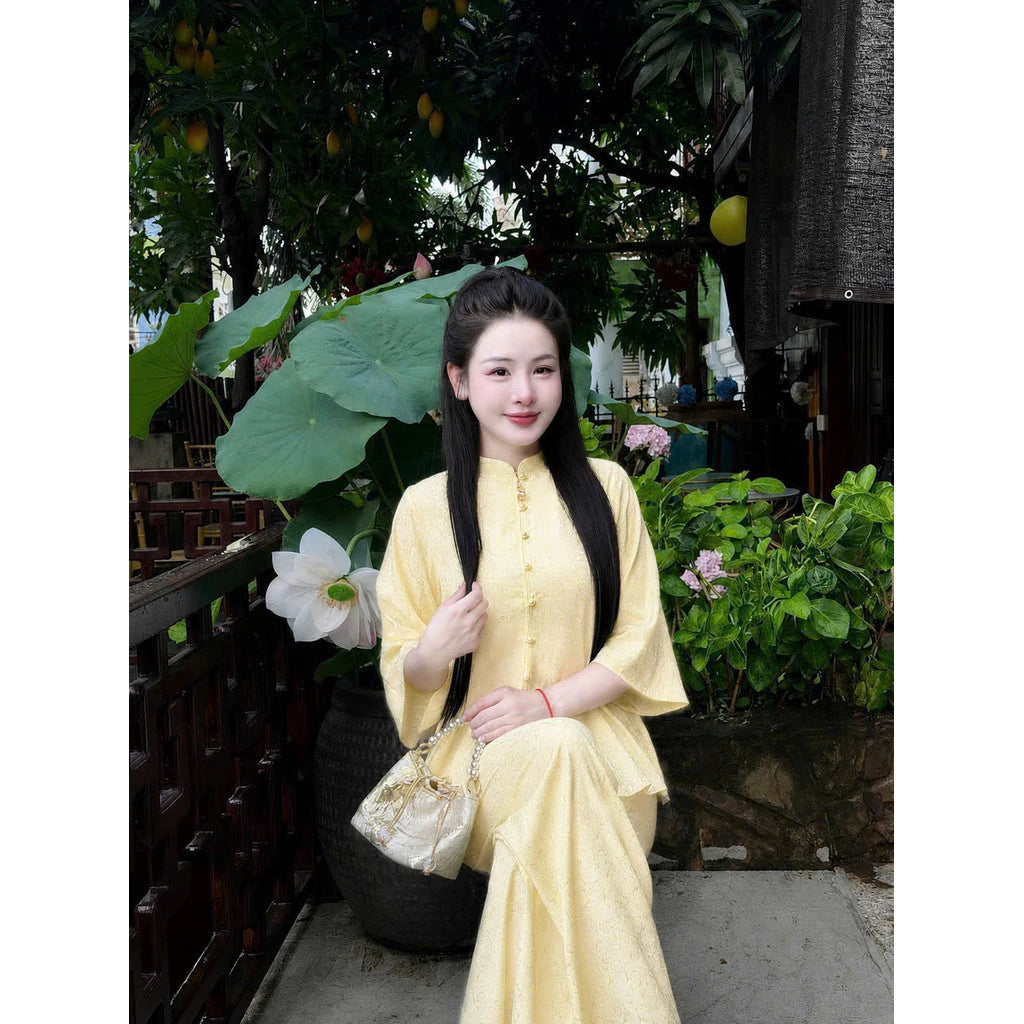 (Có Size Lớn) Set Bộ Lam Nữ Đi Chùa Gấm Hoa Cúc Nổi - Áo Cổ Trụ Tay Lỡ, Quần Dài Suông Nhẹ Nhàng