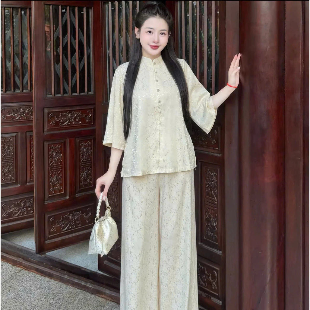 (Có Size Lớn) Set Bộ Lam Nữ Đi Chùa Gấm Hoa Cúc Nổi - Áo Cổ Trụ Tay Lỡ, Quần Dài Suông Nhẹ Nhàng