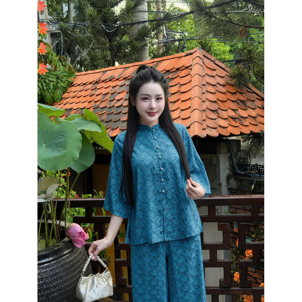 (Có Size Lớn) Set Bộ Lam Nữ Đi Chùa Gấm Hoa Cúc Nổi - Áo Cổ Trụ Tay Lỡ, Quần Dài Suông Nhẹ Nhàng