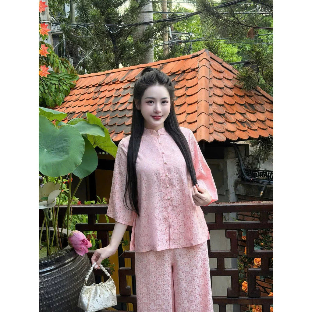 (Có Size Lớn) Set Bộ Lam Nữ Đi Chùa Gấm Hoa Cúc Nổi - Áo Cổ Trụ Tay Lỡ, Quần Dài Suông Nhẹ Nhàng