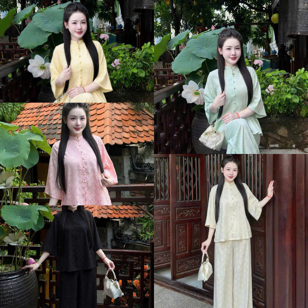 (Có Size Lớn) Set Bộ Lam Nữ Đi Chùa Gấm Hoa Cúc Nổi - Áo Cổ Trụ Tay Lỡ, Quần Dài Suông Nhẹ Nhàng