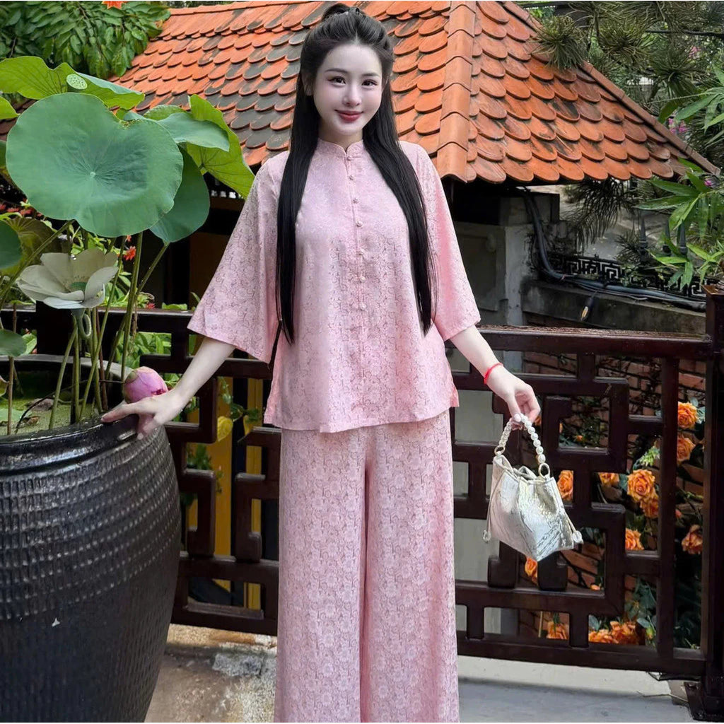 (Có Size Lớn) Set Bộ Lam Nữ Đi Chùa Gấm Hoa Cúc Nổi - Áo Cổ Trụ Tay Lỡ, Quần Dài Suông Nhẹ Nhàng