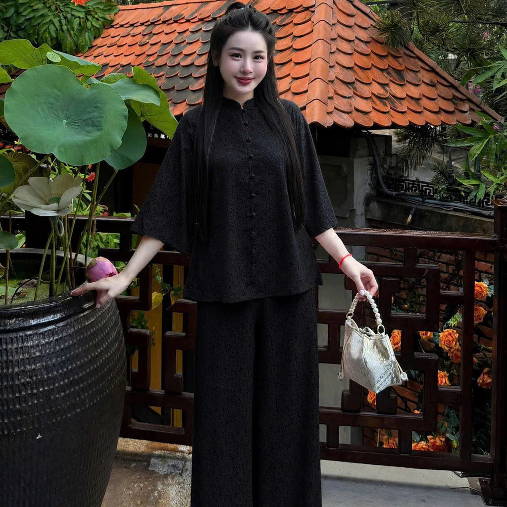 (Có Size Lớn) Set Bộ Lam Nữ Đi Chùa Gấm Hoa Cúc Nổi - Áo Cổ Trụ Tay Lỡ, Quần Dài Suông Nhẹ Nhàng