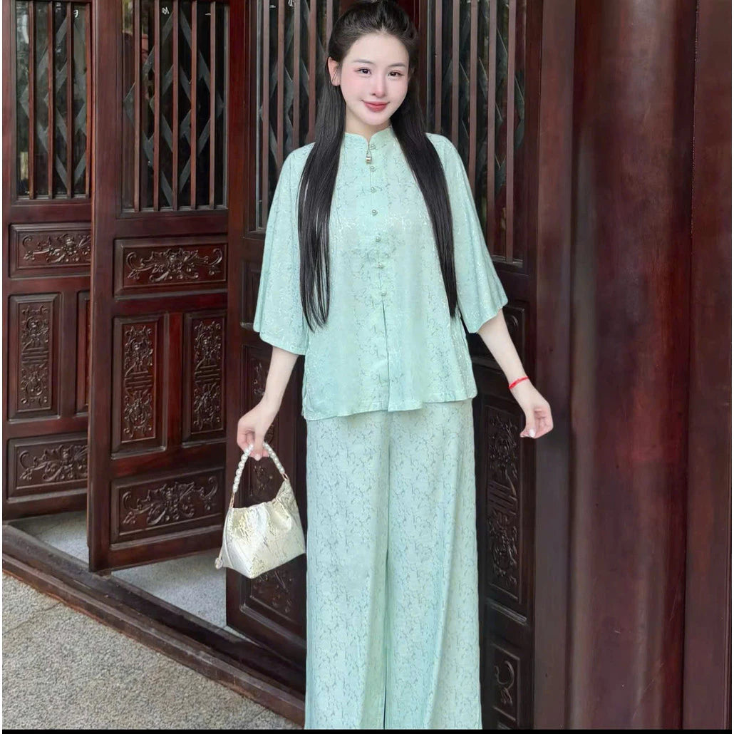 (Có Size Lớn) Set Bộ Lam Nữ Đi Chùa Gấm Hoa Cúc Nổi - Áo Cổ Trụ Tay Lỡ, Quần Dài Suông Nhẹ Nhàng
