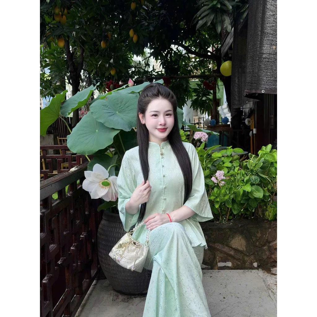 (Có Size Lớn) Set Bộ Lam Nữ Đi Chùa Gấm Hoa Cúc Nổi - Áo Cổ Trụ Tay Lỡ, Quần Dài Suông Nhẹ Nhàng