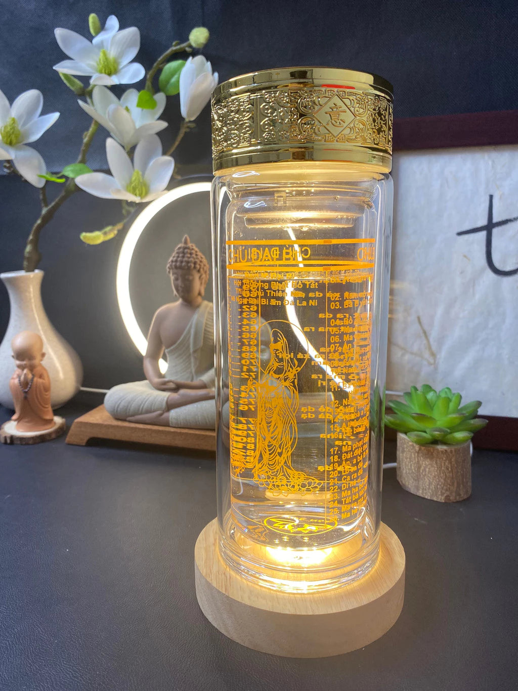Bình nước Chú Đại Bi 2 lớp thuỷ tinh cao cấp - Sử dụng hàng ngày, Decor phòng thờ
