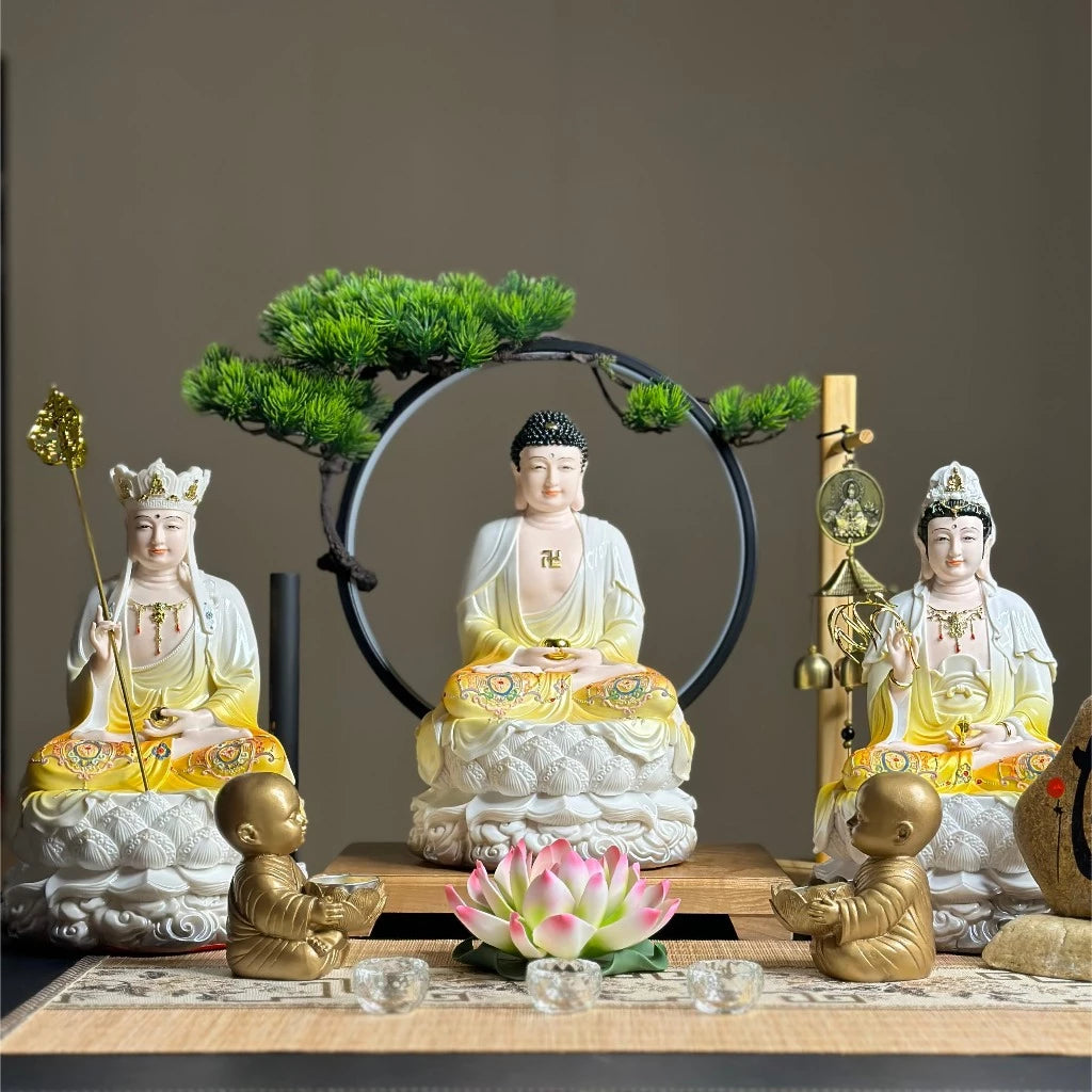 Bộ Tượng Ta Bà Tam Thánh, Thích Ca, Địa Tạng, Quan Âm Vàng Ngọc 12 inch